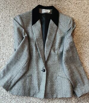 VTG Personal Geometric Jacquard Jacket 10 Gray Black Velvet Collar 80s #774